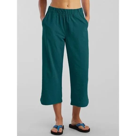 Title Nine Slaycation Wide Leg Cropped Pants Size XL NEW Deep Lagoon Textured - Picture 2 of 16